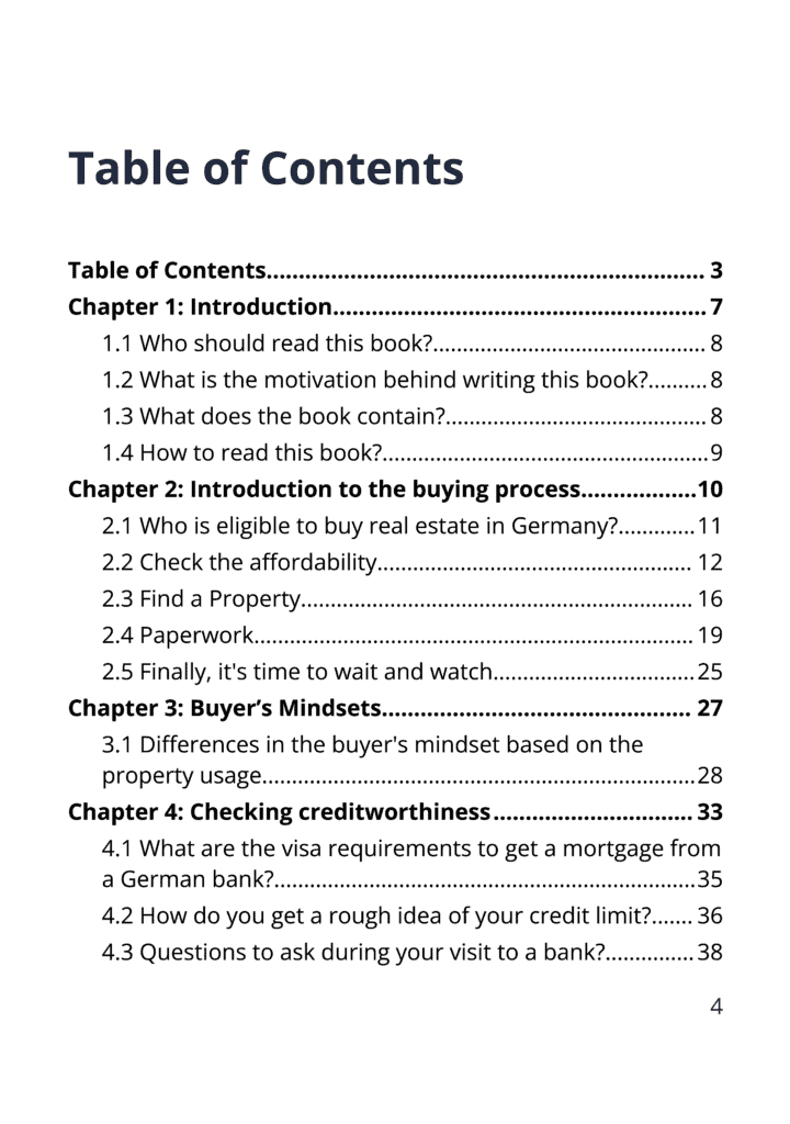 table of contents - buy a house in Germany